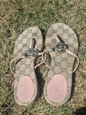 Gucci Beige Pink GG Canvas Sandals with Pink Straps & Gold Double G